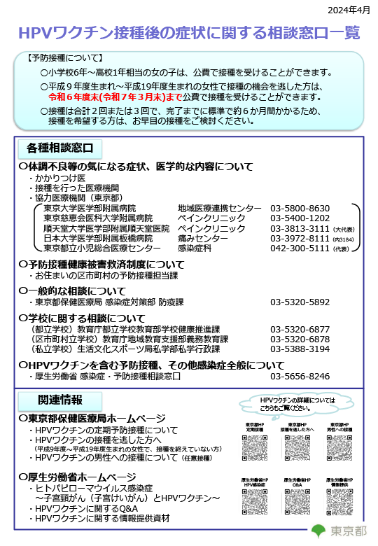 ２０２４.６HPVワクチン各種相談窓口一覧