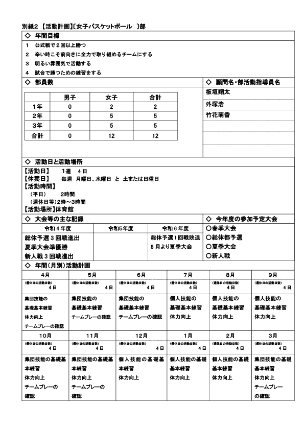 ２０２４部活動計画【女子バスケ部】