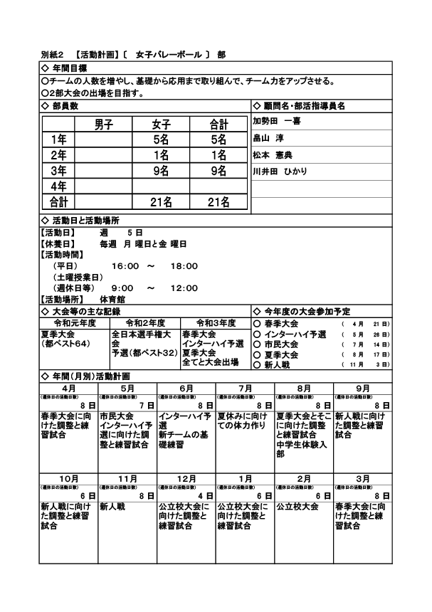 ２０２４部活動計画【女子バレー部】