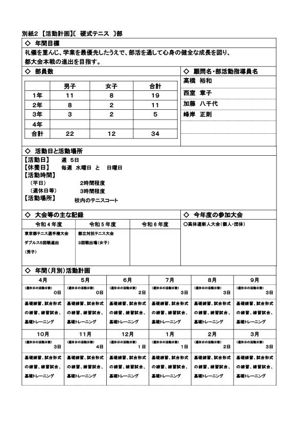 ２０２４部活動計画【硬式テニス部】