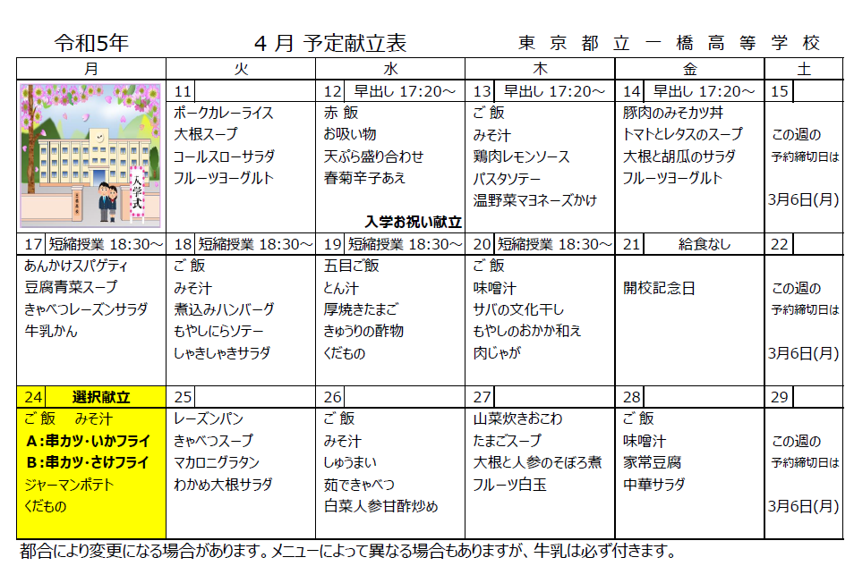 予定献立4月