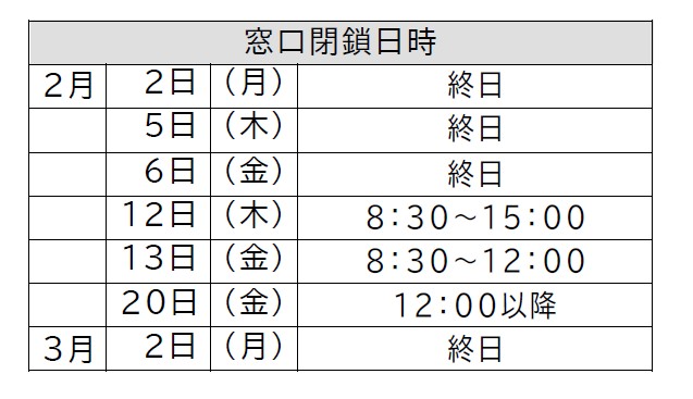 経営企画室窓口閉鎖期間（２~３月