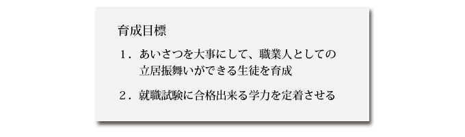 育成目標：１．あいさつを大事にして職業人としての立ち居振る舞いができる生徒２．就職試験に合格できる学力の定着