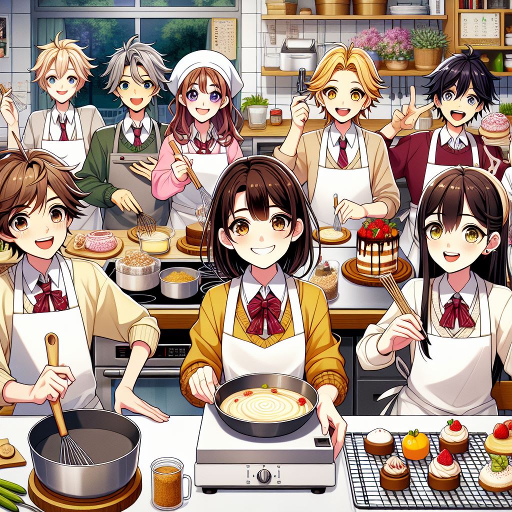 農産レシピでつくるスイーツづくり！中学生のアニメ風イラストと背景にキッチン