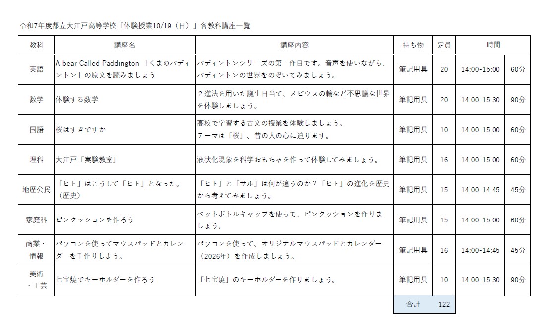 体験授業講座一覧【学校HP】